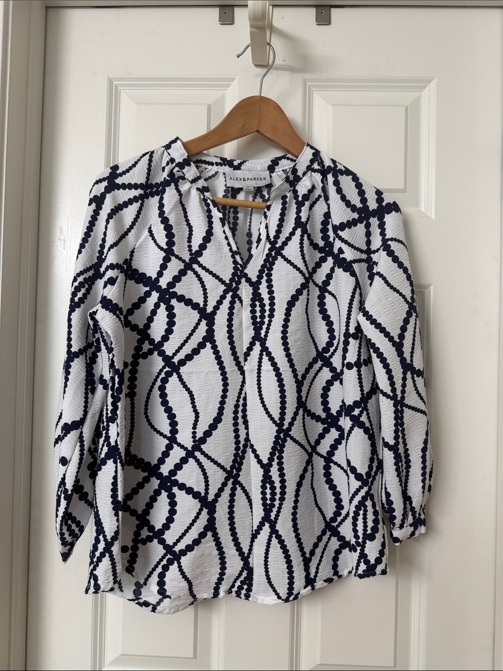Alex & Parker White Blouse with Navy Chain Dot Print